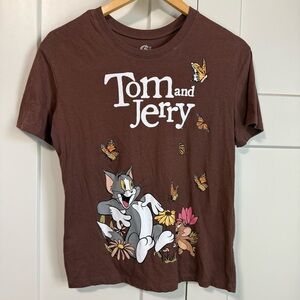 Tom and Jerry Brown Women’s T-Shirt flowers butterflies size Medium 7-9